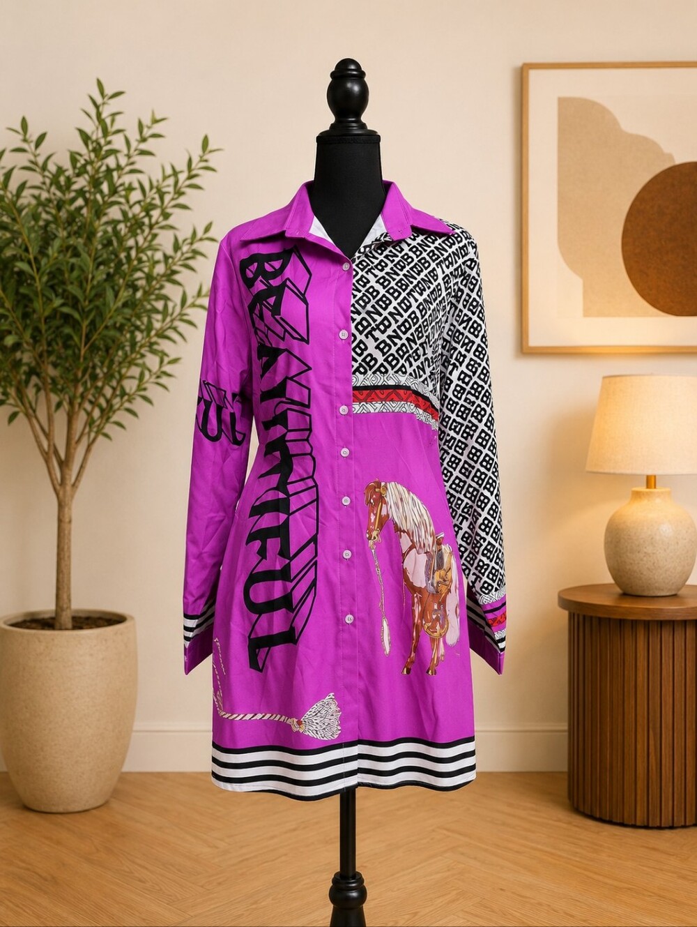 Vibrant Purple Graphic Button-Down Dress Shirt